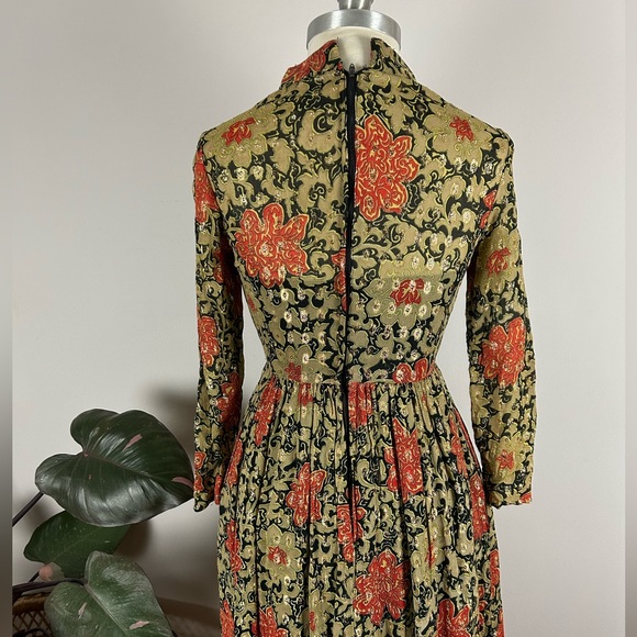 Vintage 60’s Gold Mock Neck Floral Maxi India Cotton Party Dress with Pockets - Picture 11 of 15